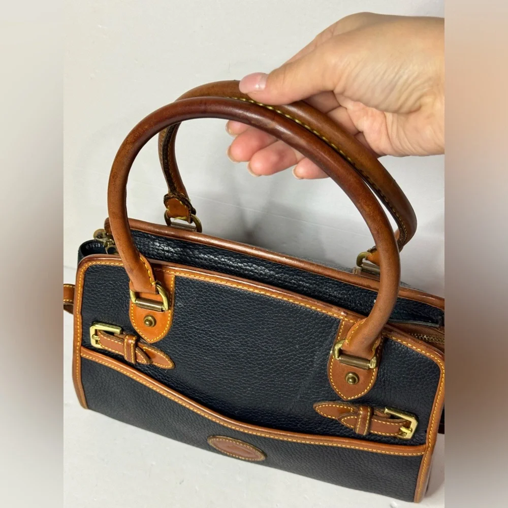 Dooney & Bourke Black Pebbled Leather Double Handle Satchel Bag -VTG Made in USA